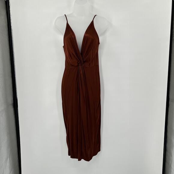 Satin Slip‎ Dress Medium Chocolate Brown Twist Front Deep V Y2K Midi Party Glam - Picture 1 of 7